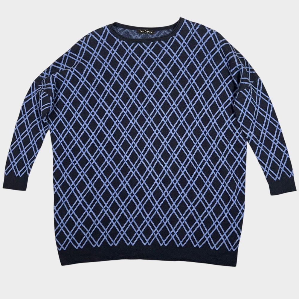 Two‎ Danes Knit Sweater Womens Blue Diamond Pattern XL/2XL Natural Fibers